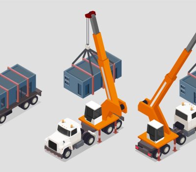Modular frame building isometric composition with set of trucks with pillar cranes and box tanks loading vector illustration